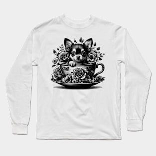 chihuahua peeking dog out from a teacup, surrounded by delicate flowers Long Sleeve T-Shirt